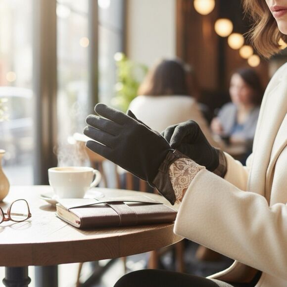Victorian Trading Co. Soft Cashmere Black Gloves w/Lace & a Bow Women’s XL - Picture 1 of 12